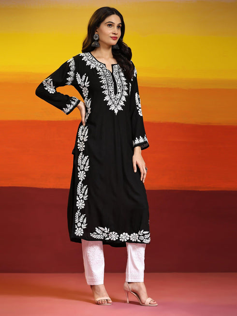 Fizaa Chikankari Long Kurta in Rayon Cotton for Women- Black